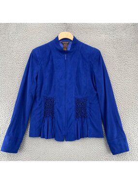 Multiples Jacket Womens Small Blue Faux Suede Full Zip High Neck Stretch Ruched